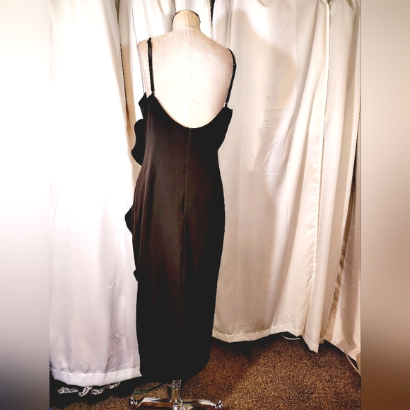 Bardot Sheath Dress, Black, Spaghetti Strap Ruffled Ruch, Leg Slit, Zip, 12 - Picture 3 of 7